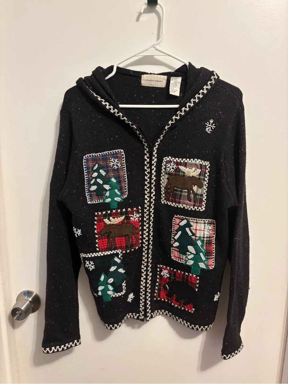 Black Holiday Patchwork Zip Hoodie Sweater